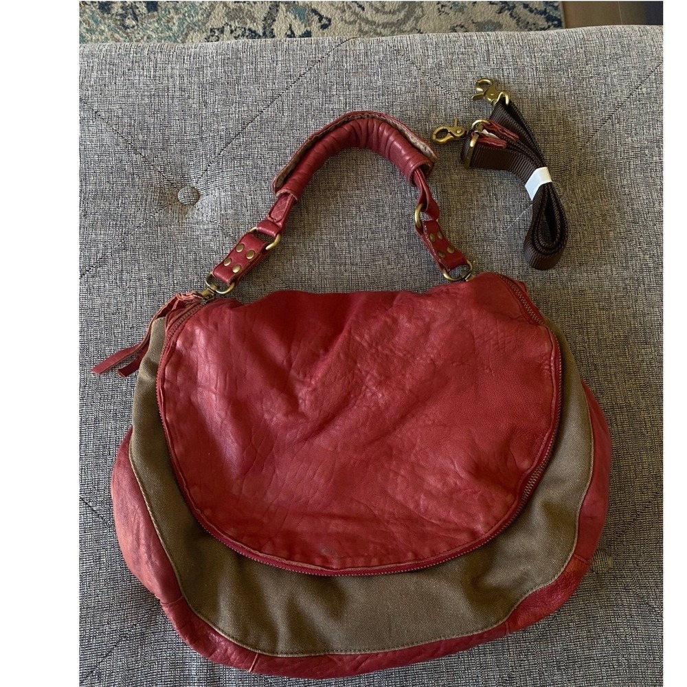 Josslyn Blake Anthropologie Red Leather & Canvas Mixed Media Hobo / Crossbody